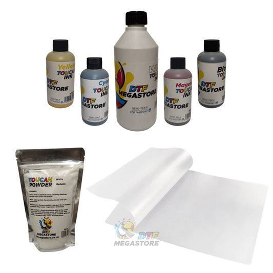 DTF Starter Bundle Includes: 100ml Cyan ink - 100ml Magenta ink - 100ml Yellow ink - 100ml Black ink - 250ml White ink - 200g Medium white powder - 25x A3 Sheets film. High Quality CMYK White Premium DTF Direct to transfer film UK fast Delivery